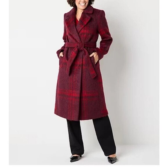 Liz Claiborne Long Midweight Belted Women's Trench Coat Red Plaid - Size S - NWT